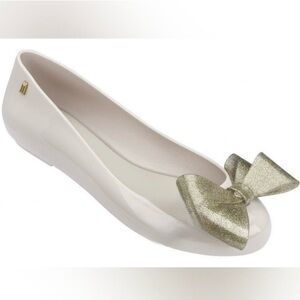 ✨ MELISSA ✨ Cream And Gold Glitter Bow Jelly D’Orsay Flats Size US 9